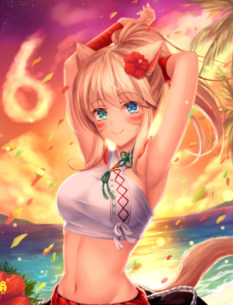 Anime picture 900x1177 with final fantasy final fantasy xiv square enix miqo'te tiphereth single long hair tall image looking at viewer blush fringe blue eyes blonde hair smile green eyes animal ears payot sky upper body outdoors