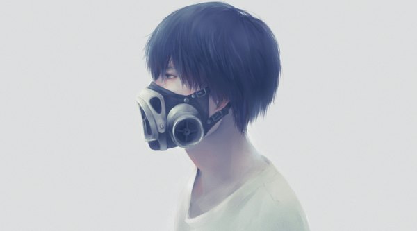 Anime picture 3428x1905 with original khai single highres short hair blue eyes simple background wide image blue hair looking away profile realistic grey background boy respirator
