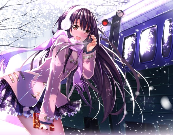 Anime picture 1414x1102 with original swordsouls single long hair looking at viewer blush open mouth brown eyes purple hair wind snowing winter snow exhalation valentine girl skirt uniform plant (plants) school uniform
