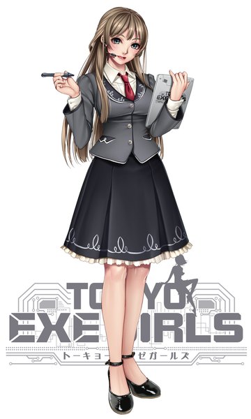 Anime picture 1200x2000 with tokyo exe girls masami chie single long hair tall image looking at viewer blue eyes simple background brown hair standing white background full body inscription copyright name girl skirt necktie microphone stylus tablet pc