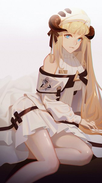 Anime picture 1080x1920 with arknights nightingale (arknights) j fang single long hair tall image fringe blue eyes simple background blonde hair white background sitting bare shoulders looking away horn (horns) bare legs yokozuwari girl hat