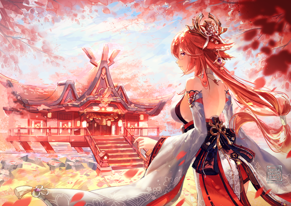 Anime picture 4950x3507 with genshin impact yae miko meowmeowgirl single long hair highres light erotic purple eyes animal ears pink hair absurdres sky outdoors traditional clothes japanese clothes from behind fox ears cherry blossoms low ponytail nontraditional miko