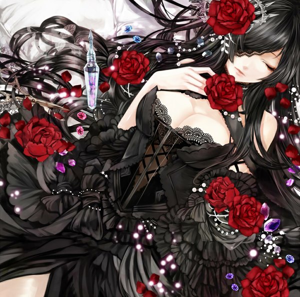 Anime picture 1000x989 with original pixiv ut (apt) single long hair fringe breasts black hair large breasts lying eyes closed hair flower hair over one eye girl dress hair ornament flower (flowers) bow black dress rose (roses)