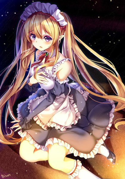 Anime picture 800x1139 with outbreak company feel (studio) myucel foalan bison cangshu single long hair tall image blush open mouth blonde hair purple eyes pointy ears maid elf girl dress detached sleeves frills headdress maid headdress