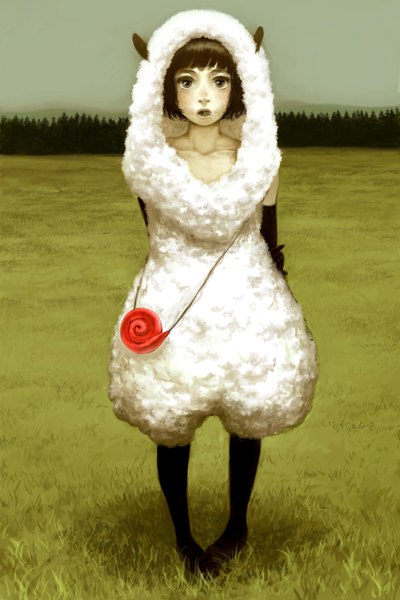 Anime picture 1000x1500 with original asahi (pixiv) single tall image looking at viewer fringe short hair open mouth brown hair horn (horns) black eyes hands behind back field girl plant (plants) food sweets bag grass candy