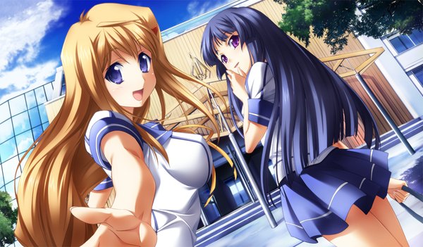 Anime picture 1024x600 with jinki feel (studio) long hair open mouth blue eyes black hair blonde hair wide image purple eyes multiple girls game cg girl 2 girls serafuku