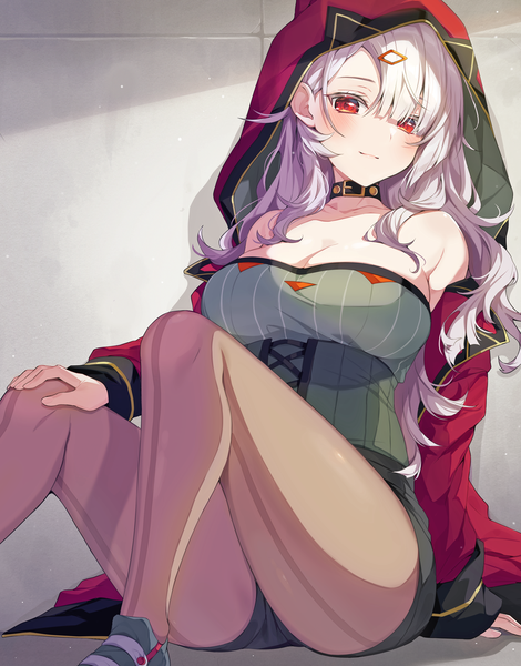Anime picture 1175x1500 with original ringozaka mariko single long hair tall image looking at viewer fringe breasts light erotic red eyes large breasts sitting cleavage silver hair blunt bangs off shoulder open jacket turning head girl pantyhose