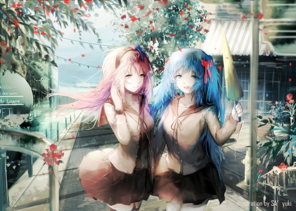 Anime picture 2480x1773 with vocaloid hatsune miku megurine luka sa'yuki long hair fringe highres breasts blue eyes multiple girls blue hair pink hair sky outdoors long sleeves head tilt pink eyes alternate costume zettai ryouiki adjusting hair