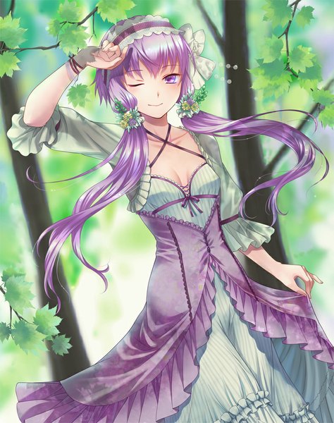 Anime picture 791x1000 with vocaloid yuzuki yukari kogaran single long hair tall image looking at viewer twintails purple eyes purple hair one eye closed wink low twintails girl dress plant (plants) tree (trees) headdress
