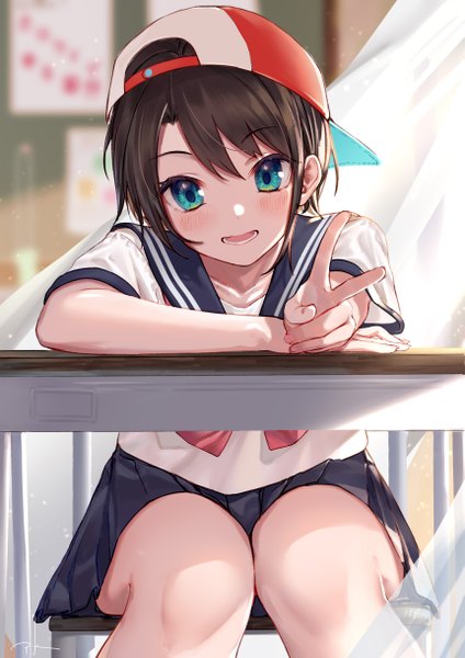 Anime picture 1721x2435 with virtual youtuber hololive oozora subaru takubon single tall image looking at viewer blush fringe highres short hair open mouth blue eyes smile hair between eyes brown hair sitting indoors head tilt :d