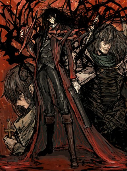 Anime picture 1119x1500 with hellsing alucard (hellsing) vladmir tepes moto murabito (artist) long hair tall image looking at viewer short hair black hair red eyes profile multiple persona boy gloves hat glasses armor gun thigh boots cloak