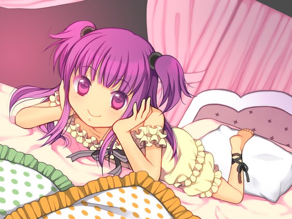 Anime picture 1440x1080 with original kurarin single long hair looking at viewer smile purple eyes purple hair lying two side up on stomach head rest girl pillow bed pajamas