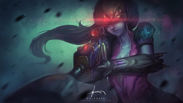 Anime picture 3840x2160 with overwatch blizzard entertainment widowmaker (overwatch) krisedge single long hair highres black hair red eyes wide image holding signed looking away absurdres upper body ponytail lips realistic puffy sleeves floating hair