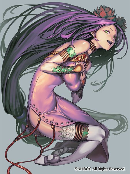 Anime picture 750x1000 with hijiki single tall image looking at viewer open mouth simple background bare shoulders green eyes purple hair very long hair hair flower inscription hand on chest eyeshadow girl thighhighs dress hair ornament flower (flowers) detached sleeves