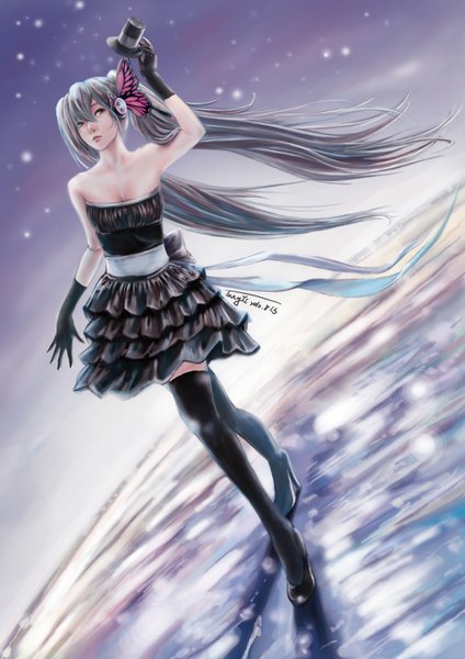 Anime picture 2480x3508 with vocaloid magnet (vocaloid) hatsune miku single long hair tall image fringe highres twintails looking away sky multicolored hair aqua eyes insect wings butterfly wings girl thighhighs dress gloves hair ornament