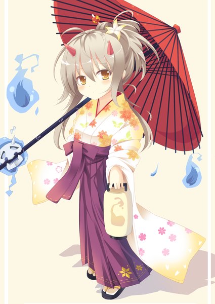 Anime picture 1000x1412 with original nibiiro shizuka single long hair tall image blush brown hair yellow eyes traditional clothes japanese clothes horn (horns) ghost girl umbrella