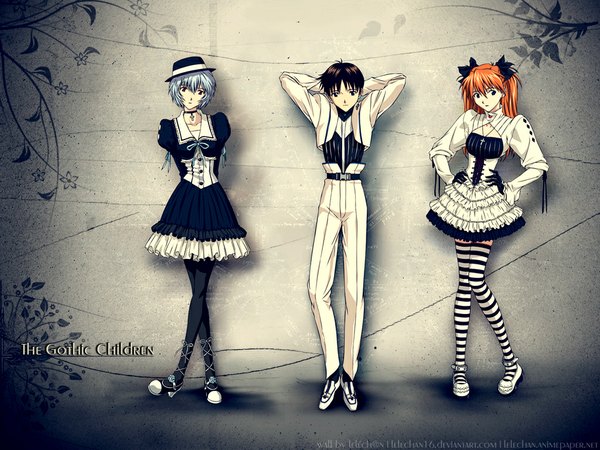 Anime picture 1024x768 with neon genesis evangelion gainax soryu asuka langley ayanami rei ikari shinji fukano youichi long hair looking at viewer short hair black hair standing twintails multiple girls signed blue hair orange hair hand on hip group third-party edit hands on hips