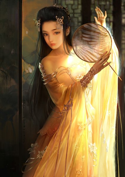 Anime picture 707x1000 with da congjun single long hair tall image black hair bare shoulders lips black eyes girl dress hair ornament yellow dress