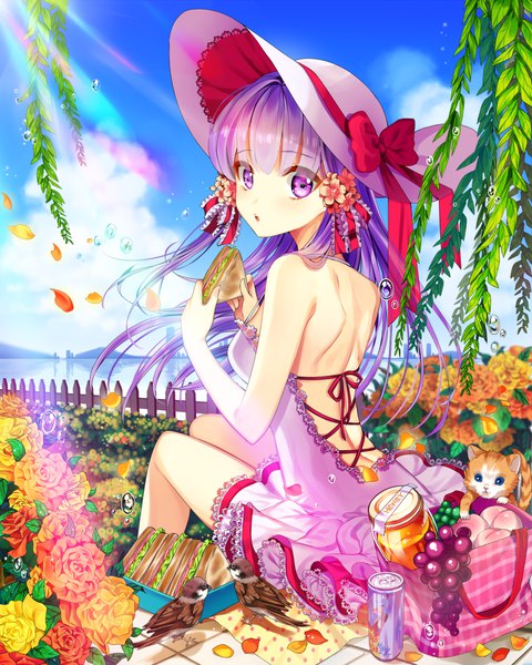 Anime picture 800x1000 with sword girls crux knight pintail (sword girls) gambe single long hair tall image looking at viewer blush fringe breasts open mouth hair between eyes sitting purple eyes bare shoulders holding sky purple hair cloud (clouds) bent knee (knees)