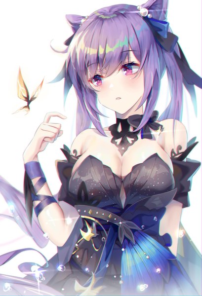 Anime picture 2060x3023 with genshin impact keqing (genshin impact) keqing (opulent splendor) (genshin impact) dymao single long hair tall image blush fringe highres breasts light erotic simple background large breasts standing white background purple eyes twintails bare shoulders payot