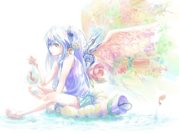 Anime picture 1440x1080 with vocaloid hatsune miku munakata long hair blue eyes smile sitting twintails bare shoulders blue hair girl flower (flowers) wings water fish (fishes)