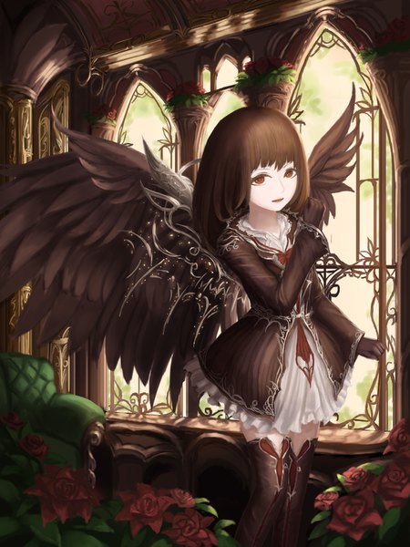 Anime picture 1200x1600 with original rinmmo single long hair tall image looking at viewer fringe open mouth brown hair standing brown eyes indoors blunt bangs long sleeves light smile wide sleeves black wings girl gloves flower (flowers)