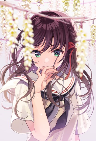 Anime picture 1751x2550 with original shigure ui single long hair tall image looking at viewer blush fringe highres brown hair green eyes upper body braid (braids) fingernails short sleeves depth of field side braid covered mouth revision girl