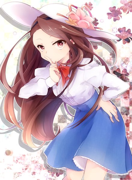 Anime picture 1125x1536 with idolmaster minase iori udon (improvisation) single long hair tall image looking at viewer red eyes brown hair hand on hip finger to mouth girl skirt hat blue skirt blouse