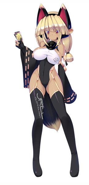 Anime picture 774x1600 with original torisan single long hair tall image blush breasts light erotic simple background blonde hair large breasts white background animal ears orange eyes covered navel girl detached sleeves garter straps bodysuit