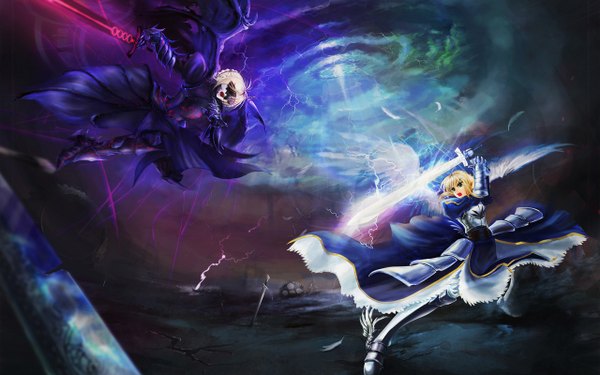 Anime picture 1280x800 with fate (series) fate/stay night studio deen type-moon artoria pendragon (all) saber saber alter short hair blonde hair wide image multiple girls braid (braids) glowing scenic battle lightning girl dress weapon 2 girls