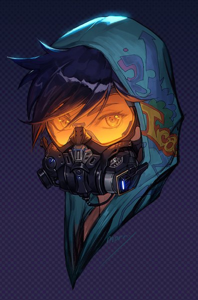 Anime picture 793x1200 with overwatch blizzard entertainment tracer (overwatch) graffiti tracer morry single tall image looking at viewer fringe short hair black hair signed portrait face checkered checkered background girl hood goggles gas mask