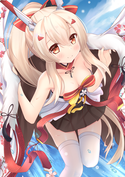 Anime picture 1419x2006 with azur lane ayanami (azur lane) ayanami (pulse of the new year) (azur lane) ss851251 single long hair tall image looking at viewer blush fringe breasts light erotic blonde hair smile hair between eyes standing bare shoulders brown eyes payot sky