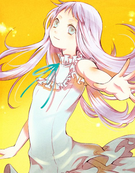 Anime picture 963x1228 with ano hi mita hana no namae wo bokutachi wa mada shiranai a-1 pictures honma meiko kuso bba single long hair tall image looking at viewer blush blue eyes simple background silver hair sleeveless outstretched arm yellow background girl dress sundress