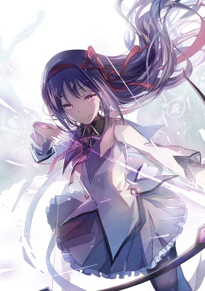 Anime picture 992x1408 with mahou shoujo madoka magica shaft (studio) akemi homura shadowsinking single long hair tall image looking at viewer blush fringe smile standing purple hair pink eyes wind outstretched arm girl ribbon (ribbons) weapon hair ribbon