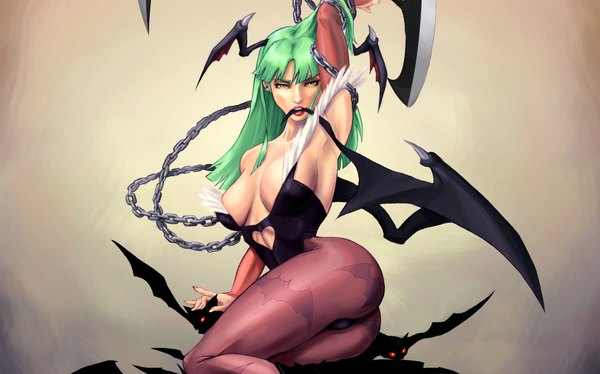 Anime picture 2058x1286 with dark stalkers capcom morrigan aensland single long hair looking at viewer highres breasts light erotic simple background wide image bare shoulders green eyes green hair armpit (armpits) demon girl bat wings head wings succubus girl