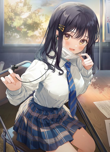 Anime picture 972x1345 with original kanda done single long hair tall image blush fringe breasts open mouth black hair smile hair between eyes large breasts sitting holding yellow eyes bent knee (knees) indoors long sleeves head tilt