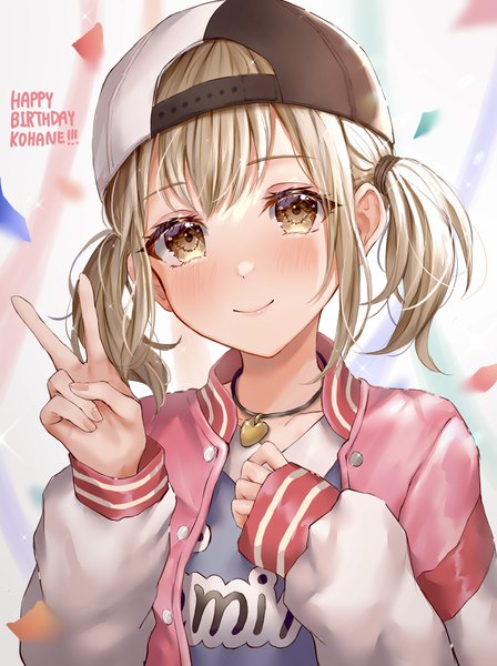 Anime picture 1988x2660 with project sekai azusawa kohane syatihoko single tall image looking at viewer blush highres short hair blonde hair smile twintails brown eyes upper body open jacket character names short twintails victory happy birthday girl