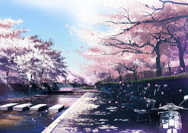 Anime picture 999x706 with original gom jabbar gomjabba sky cloud (clouds) outdoors shadow cherry blossoms no people spring plant (plants) petals tree (trees) water grass bench