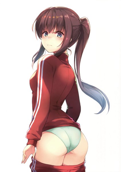 Anime picture 2466x3500 with original hinooka shuuji single long hair tall image blush fringe highres blue eyes light erotic simple background brown hair standing white background ass ponytail looking back girl uniform underwear