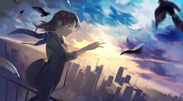 Anime picture 850x472 with original rosele single long hair brown hair wide image standing looking away sky cloud (clouds) profile wind sunlight open clothes open jacket outstretched arm city cityscape flying sunbeam