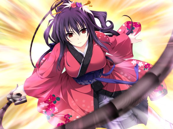 Anime picture 1600x1200 with duelist x engage kakyouin tsubaki long hair red eyes game cg purple hair japanese clothes girl belt kimono