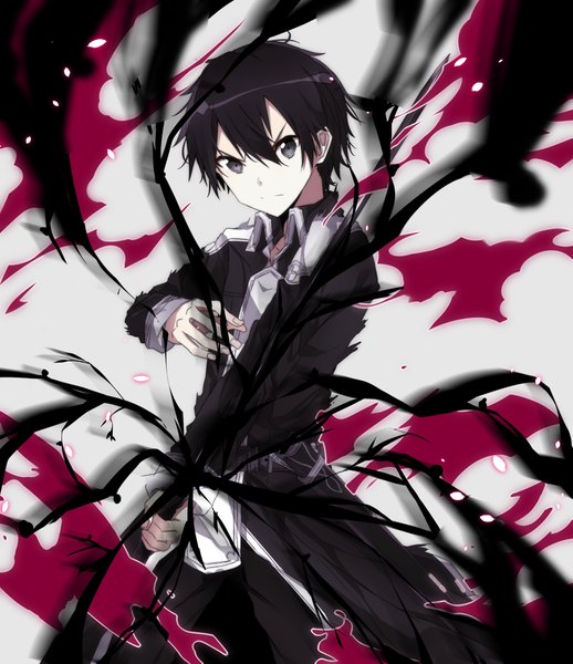 Anime picture 905x1048 with sword art online a-1 pictures kirigaya kazuto single tall image looking at viewer fringe short hair black hair hair between eyes black eyes glowing boy weapon sword cloak