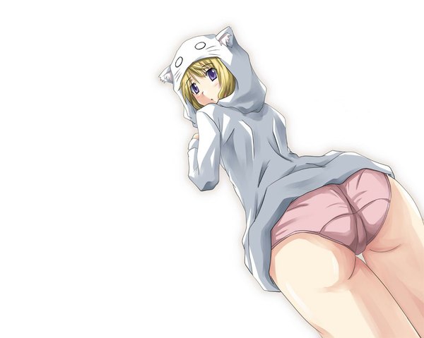 Anime picture 1024x819 with infinite stratos 8bit charles dunois single blush open mouth light erotic simple background blonde hair white background purple eyes animal ears ass looking back cat ears girl underwear panties pajamas