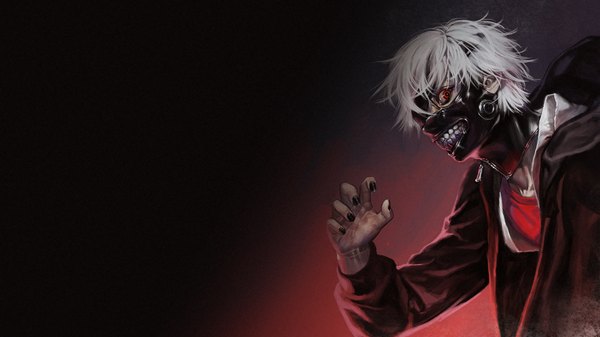 Anime picture 1920x1080 with tokyo ghoul studio pierrot kaneki ken single looking at viewer fringe highres simple background blonde hair red eyes wide image looking away white hair nail polish profile wallpaper gradient background outstretched arm black background black nail polish