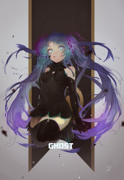 Anime picture 1378x2000 with vocaloid ghost rule (vocaloid) hatsune miku hassan (sink916) single tall image looking at viewer breasts blue eyes simple background twintails bare shoulders purple hair full body very long hair multicolored hair alternate costume floating hair text covered navel