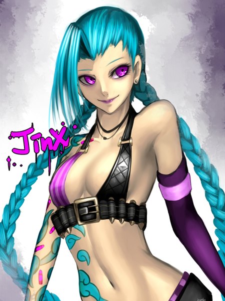 Anime picture 1200x1600 with league of legends jinx (league of legends) kumiko shiba single long hair tall image breasts light erotic smile purple eyes blue hair looking away braid (braids) tattoo twin braids eyebrows arched back girl gloves navel