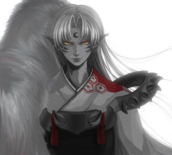 Anime picture 2080x1880 with inuyasha sesshomaru ribeiro single long hair highres simple background white background yellow eyes white hair pointy ears grey hair facial mark face paint boy armor fur
