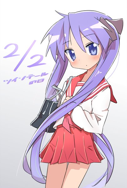 Anime picture 2781x4118 with lucky star kyoto animation hiiragi kagami rokochan single tall image looking at viewer blush fringe highres simple background hair between eyes purple eyes twintails purple hair very long hair pleated skirt gradient background text dated