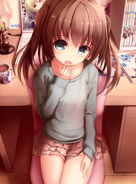 Anime picture 1736x2342 with original missle228 single long hair tall image looking at viewer blush fringe highres open mouth brown hair sitting twintails head tilt aqua eyes from above shadow hand on hip finger to mouth surprised