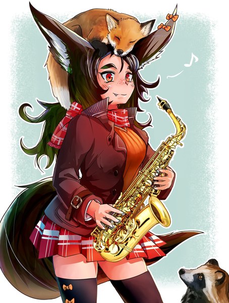 Anime picture 2340x3094 with original doitsuken single long hair tall image highres smile red eyes brown hair animal ears looking away tail long sleeves animal tail pleated skirt open jacket fang (fangs) zettai ryouiki fox ears fox tail